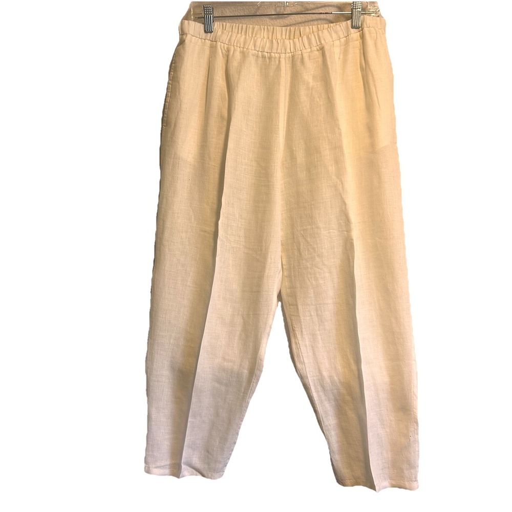 Eileen Fisher Wide Leg Pant Large Tapered Linen Ivory Ankle Elastic PullOn  EUC